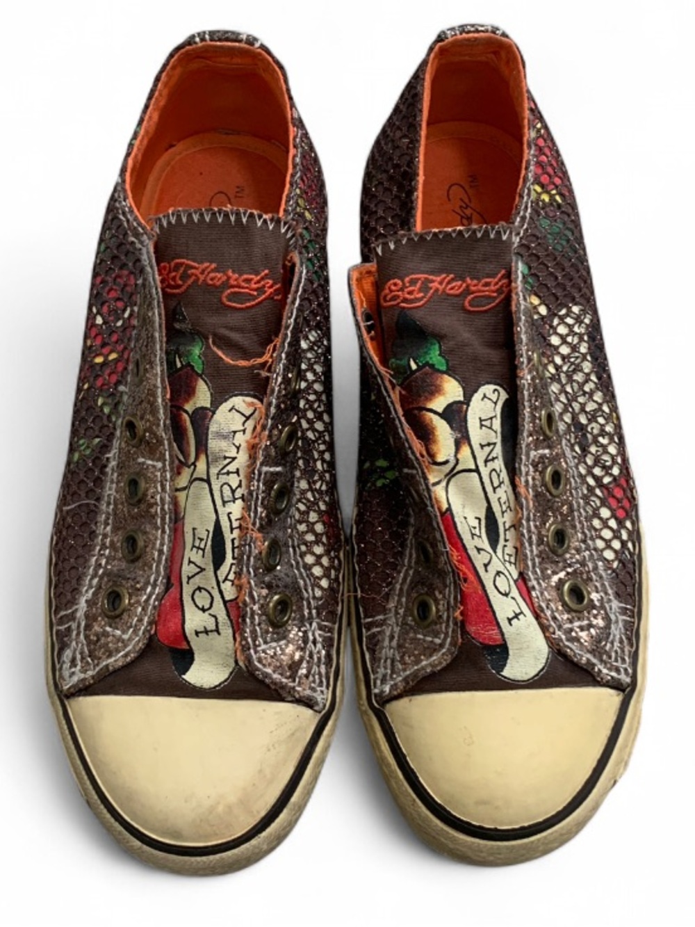 Ed Hardy Love Eternal Brown Snake-Print Low Top Slip-On Sneakers